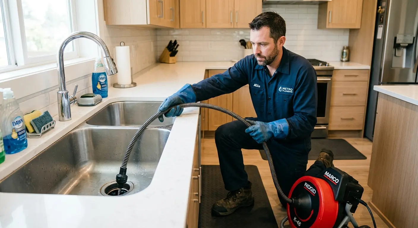 Drain cleaning technician using a motorized snake on a kitchen sink in Baker