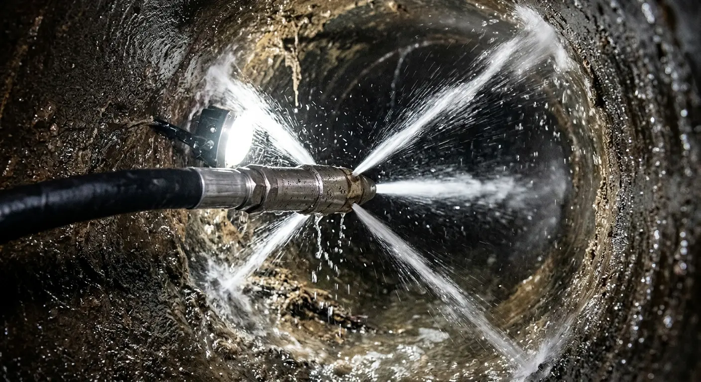 High-pressure hydro jetting nozzle cleaning sewer pipe for Storm Drain Cleaning in Baker