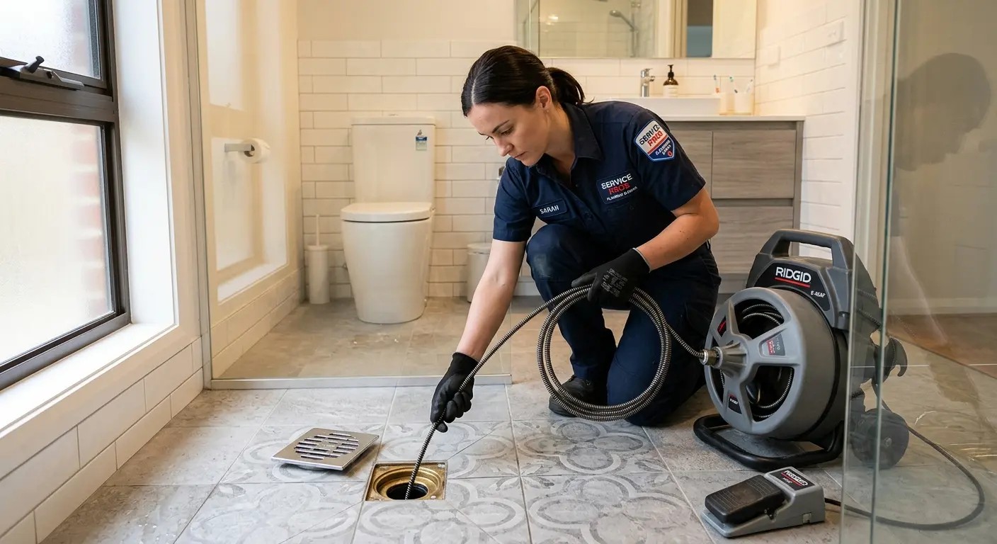 Technician clearing a bathroom floor drain for Sewer Line Installation in Baker